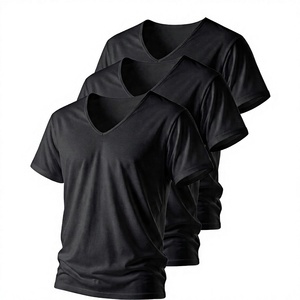 T-shirt formel à col roulé pour homme, manches courtes, noir uni, imprimé en sérigraphie, polyester/coton, coupe ample, tricoté - Product Image 5