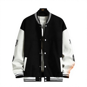 AL SWANS INTERNATIONAL Blouson universitaire pour homme en 100% laine respirante, noir et blanc, à blocs de couleur, col en V, avec motifs de patchs, décontracté, printemps - Product Image 1