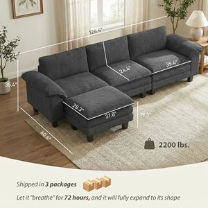 Divano Angolare a L Grigio Scuro con Seduta Profonda, Rivestimento in Pelle Chenille, Pouf Mobile e Braccioli Imbottiti per Soggiorni - Product Image 3
