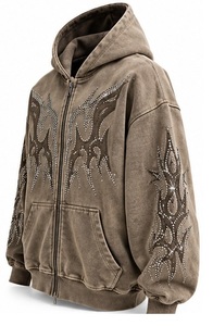 Nouveau sweat à capuche zippé imprimé, style streetwear, avec strass et broderie vieillie, en molleton épais French Terry délavé à l'acide - Product Image 4