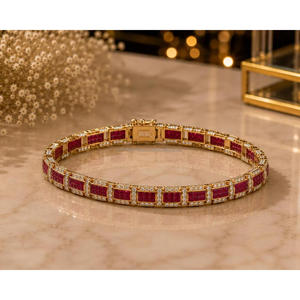 <b>Red</b> Rectangular Stone Tennis Bracelet With Gold <b>Tone</b> Geometric Links And Clear Accent Stones For Wholesale Jewelry Buyers - Product Image 1