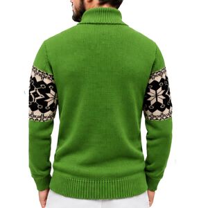 Suéter de Lana/Acrílico Verde para Hombre con Cierre de Cremallera, Diseño Fair Isle, Antipilling, Jacquard de Copo de Nieve Nórdico, Cuello Alto, Manga Larga - Product Image 2