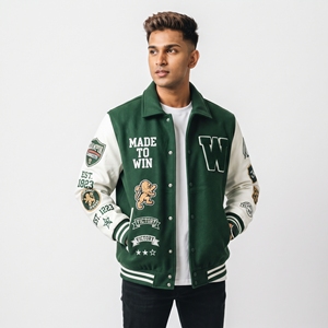 Veste universitaire d'hiver pour homme, 100% laine, avec patchs brodés, col rabattable, boutons, style baseball vintage, coupe-vent - Product Image 6