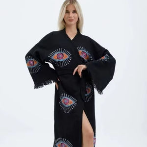 2026 Robe longue kimono en coton, motif œil protecteur, imprimée à la main, style ethnique bohème, vêtement de plage, veste hippie, peignoir de festival pour femme - Product Image 1