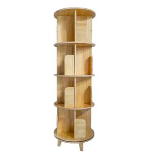 <b>Solid</b> Pine <b>Wood</b> 4-Layer 360-degree Rotating <b>Bookcase</b> Display Rack Modern Minimalist Style for Living Room with Panel - Product Image 6