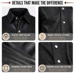 Men’s Genuine Cowhide Leather <b>Shirt</b> <b>Black</b> Short Sleeve <b>Button</b> <b>Up</b> Classic Casual Style with Point Collar Metal Snap Closure and P - Product Image 5