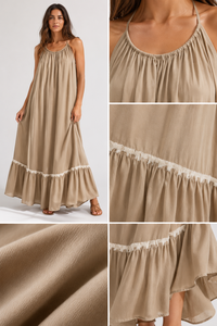 Robe longue maxi tendance pour femme, beige, sans manches, dos nu, à volants, simple, unie, style bohème, pour la plage, coupe trapèze, 100% coton, écologique - Product Image 5