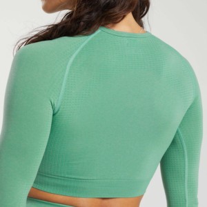 <b>Green</b> Long Sleeve <b>Gym</b> Shorts <b>Set</b> Seamless High Waisted High Support Eco-Friendly Breathable Plus Size Front Crystal Decoration - Product Image 3
