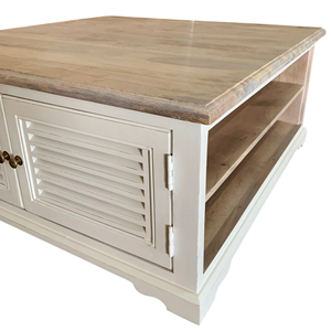 Mesa de Centro de Madera de Mango Sólida de Estilo Industrial en Acabado Blanco y Natural con Características de Gabinete, Hecha a Mano para Sala de Estar - Product Image 6