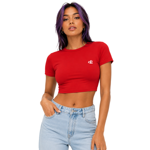 Camiseta de mujer Solid Chic de manga corta, corte ajustado, cuello redondo, estilo Baby Tee, para primavera/verano, estilo urbano, de algodón y spandex, con logo personalizado DTF. - Product Image 5
