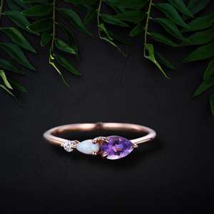 Bague de mariage vintage Art Déco en améthyste et opale, certifiée IGI, taille poire, en argent sterling 925 plaqué or rose 14 carats, pour les fêtes - Product Image 1