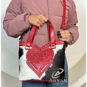 Premium Handcrafted Tooled Cowhide Leather Crossbody <b>Handbags</b> Cute <b>Red</b> Heart Shape Genuine Leather Large Capacity Tote Bags - Product Image 1
