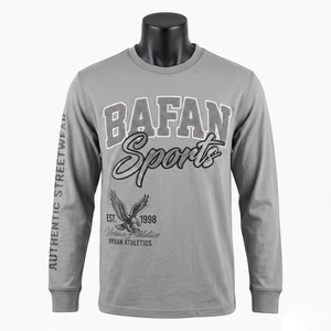 T-shirt à manches longues en coton premium 220 GSM gris avec patch en chenille et logo brodé - Product Image 1