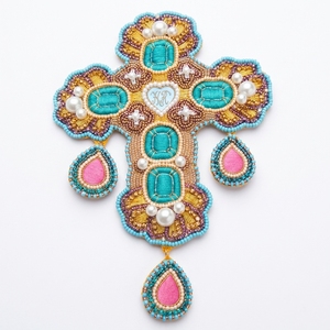 Handmade Gold Bullion Wire Embroidered Patch Custom Religious Cross Motif 3D Beaded <b>Applique</b> for Church Vestments - Product Image 1