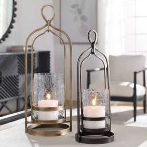 Iron Hurricane <b>Lanterns</b> With Hammered Glass <b>Black</b> Powder Coating & Bronze Finish Decorative Candle Holders For Home & Patio - Product Image 1
