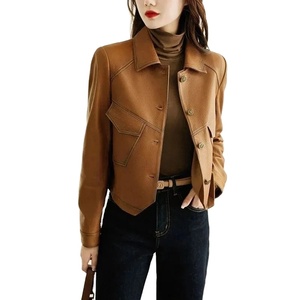 Haut de gamme marron femmes vêtements d'extérieur en cuir pleine fleur bouton tenue printemps automne femmes mode courte mince femme vestes en cuir - Product Image 2