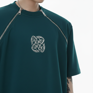T-shirt en coton oversize tendance pour homme avec badge personnalisé, col rond et double fermeture éclair, style streetwear - Product Image 2