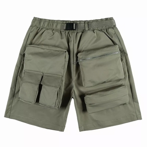 Shorts cargo pour homme, couleur olive unie, taille élastique mi-haute, multi-poches, coupe-vent, séchage rapide, style décontracté, 100% toile de coton - Product Image 1