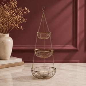 Cesta de fruta de alambre de hierro de 3 niveles personalizada con gancho colgante grande Cuencos de metal ecológicos negros diseñados para fiestas - Product Image 1