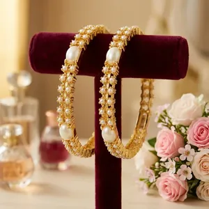 Elegant Premium Quality Brass Gold Plated Pearl Fashion Bangles Set Women's Classic Wedding Jewelry - Product Image 1