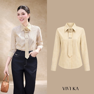 เสื้อเชิ้ตผู้หญิงลายทางสีเหลืองสุดหรู พร้อมเนคไทถอดได้ ประดับดอกไม้ แขนยาว ทรงเข้ารูป ผ้าคอตตอนผสม สีม่วง - Product Image 1