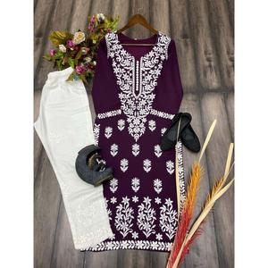 BORDADO HILO RAYON MODA TRABAJO KURTI CON PALAZZO MARRÓN - Product Image 4