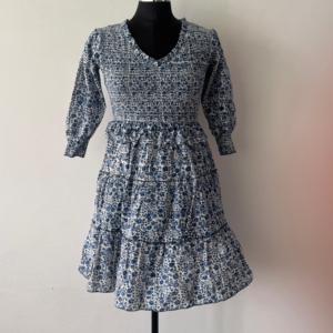 Floral <b>Print</b> Tiered Casual Dress Long Sleeve V Neck Flare Women's Daily Wear Sustainable Hand <b>Block</b> <b>Printed</b> 100% Cotton Natural - Product Image 3