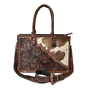 Western Cowhide <b>Leather</b> Tote Bag with Floral <b>Tooled</b> Design Adjustable Shoulder Strap for Women - Product Image 1