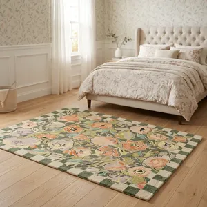 Tapis rectangulaire floral 100 % laine écologique, motif à carreaux vert et blanc, style pastoral, à poils moyens, pour chambre à coucher - Product Image 4