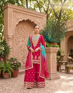 <b>Womens</b> Premium Chinnon Silk <b>Top</b> Palazzo Dupatta Set Digital Print Free Size Stitched Ethnic Festive Wedding Party Wear Outfit - Product Image 3