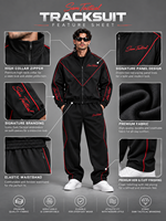 Ensemble survêtement homme Sam.Tactical noir avec veste à capuche zippée et pantalon, surpiqûres rouges, style streetwear, coupe classique, pour l'automne