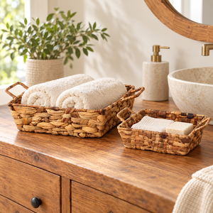 Panier de rangement en jacinthe d'eau tressé à la main, écologique, 2 pièces, avec poignées, organisateurs rectangulaires rustiques pour la décoration de la maison - Product Image 5