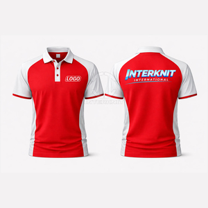 Interknit Men's Red <b>White</b> <b>Polo</b> Shirt Short Sleeve Knitted Polyester Breathable Casual Design Heat Transfer Printed Logo Front - Product Image 1