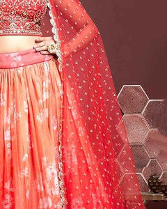 <b>Red</b> Embroidered A-Line <b>Crop</b> <b>Top</b> with Scalloped Neckline Organza Dupatta Pleated Skirt for Bridesmaid Wear - Product Image 2