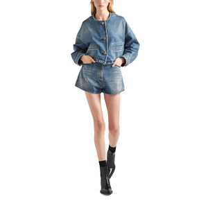 Women's Plus Size Loose Fit Classic Blouson Style <b>Denim</b> <b>Jacket</b> Breathable <b>Lightweight</b> Casual Blue Washed Cotton Outerwear - Product Image 2