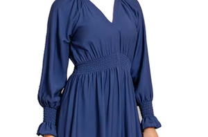 Robe longue décontractée bleue à col en V et manches longues avec volants, taille élastique, coupe trapèze, couleur unie, pour femme, printemps - Product Image 2