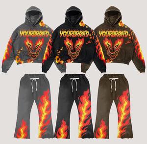 Custom Made Screen Printing Flared Tracksuits and Hoodie Sets Acid Washed 100% Organic Cotton Digital Printed Flared Sweat Suits - Product Image 1