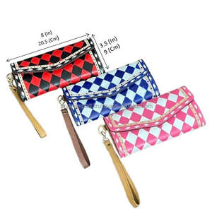 Nouvelle pochette à main en cuir à carreaux rose et blanc de style vintage pour femmes, en cuir véritable, porte-cartes et porte-monnaie, bracelet de poignet - Product Image 2