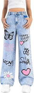 Girls High <b>Waist</b> Wide Leg Heart Patch Denim <b>Jeans</b> Loose Fit Y2K Style Casual Pants for Kids XS-XL - Product Image 2