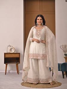 Women's Ivory Embroidered Modern Pakistani Summer/Winter Ethnic Party Wear Salwar Kameez Set with Organza Dupatta - Product Image 6