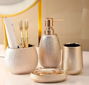 Elegant Metcraft Golden Steel Six-Piece <b>Bathroom</b> <b>Accessories</b> <b>Set</b> Beautiful Royal Embossed Damask Pattern Easy Clean Available - Product Image 3