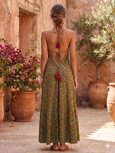 Vestido Maxi Halter con Estampado Floral Verde, Estilo Boho, Sin Mangas, Corte en A, Holgado, Informal de Otoño, Tejido de Rayón y Algodón con Borlas Naturales - Product Image 2