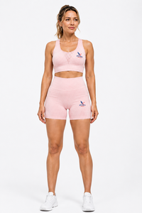 Pink Seamless Sports Bra and <b>Shorts</b> Set Breathable Quick Dry Y-line Workout Activewear for <b>Women</b> - Product Image 5