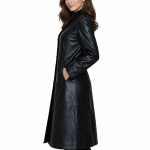 Abrigo Largo de Mujer en Cuero Sintético, Cuello Mao, Botones al Frente, Elegante, para Invierno, Manga Larga, Color Sólido - Product Image 4
