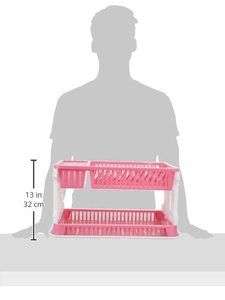 Égouttoir à vaisselle moderne rose à double niveau en plastique avec porte-couverts, organisateur de cuisine pour la maison et le jardin - Product Image 3