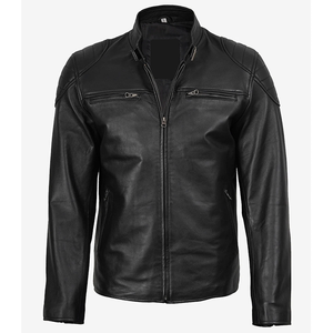 Blouson en cuir de vachette noir pour homme 2026, col montant, fermeture éclair, coupe ajustée, longueur standard, couleur unie, style motard, pour l'hiver - Product Image 6