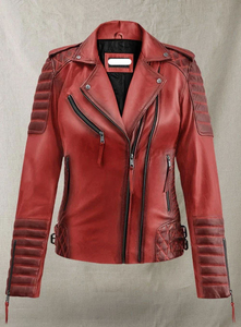 Chaqueta de Motociclista Personalizada para Mujer, Color Rojo Quemado, Chaqueta de Moto de Piel de Cordero Genuina y Suave - Product Image 2
