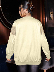 Beige <b>Fringe</b> Oversized Winter Women's 100% Cotton Long Sleeve Rhinestone Yoke Pullover Western Style Beaded Streetwear Fashion - Product Image 2
