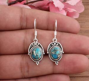 Pendientes de Plata de Ley 925 con Turquesa Azul Natural, Hechos a Mano, con Mosaico de Piedras Preciosas, Estilo Bohemio, Regalo de Boda para Mujer - Product Image 3