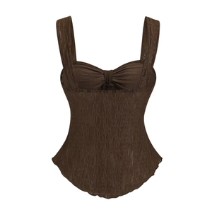 Blusa Peplum de Encaje Marrón para Mujer, con Tirantes Anchos y Lazo Frontal, Sin Mangas, Transpirable, de Poliéster, Elegante, a la Moda, Casual de Verano - Product Image 2